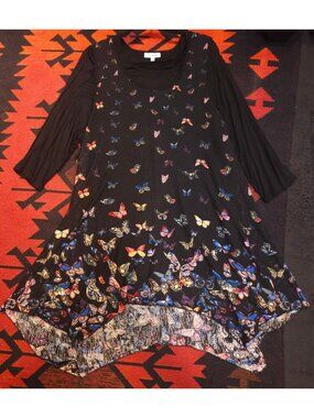 Serengeti Black Butterfly Print Tunic Dress Sheer Overlay  3/4 Sleeves Womens 1X